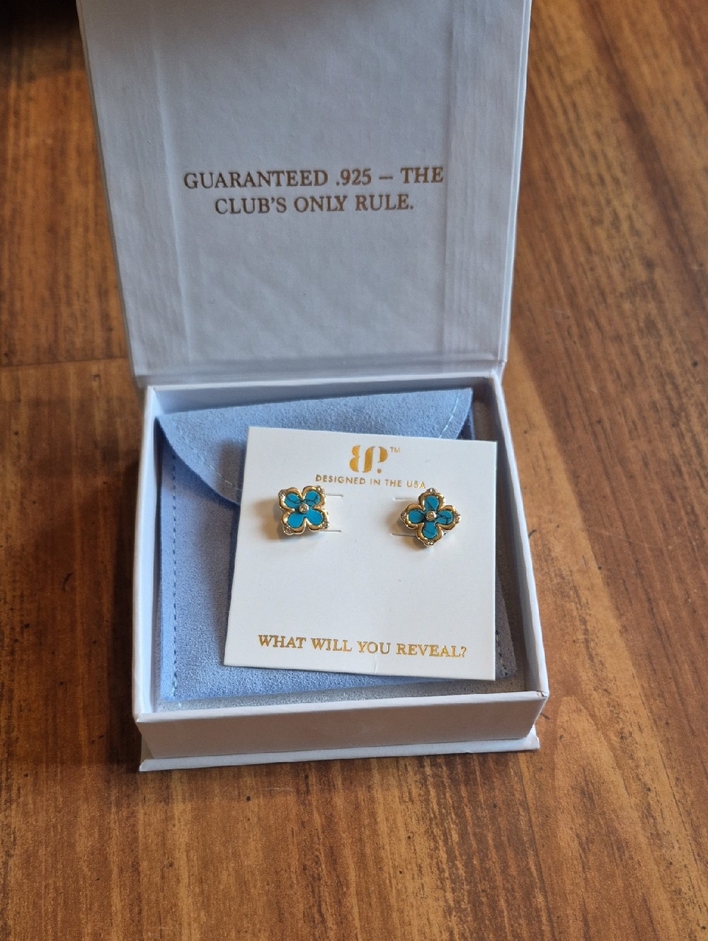 Gold Flower Stud Earrings with Turquoise Inlay - Designer Sterling .925
